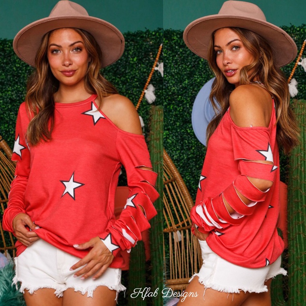 LAST 1! French Terry Star Print Red Cutout Laser Slashed Sleeve Top - Picture 3 of 9